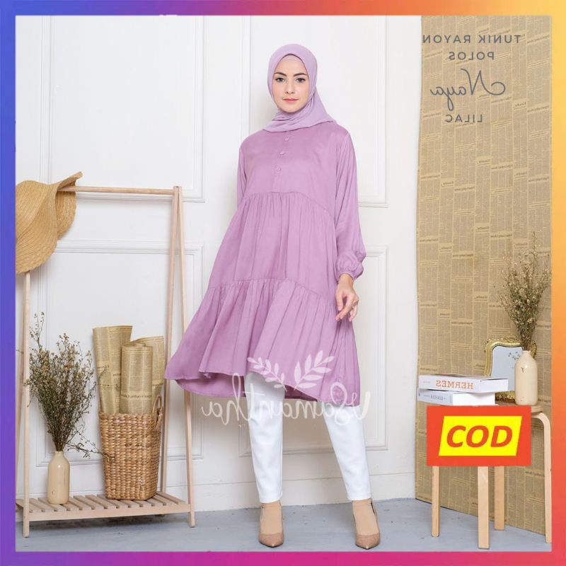 Nanoystore - Tunik Muslim Polos Lengan Panjang Motif Naya Bahan Katun Rayon Premium Warna Lilac
