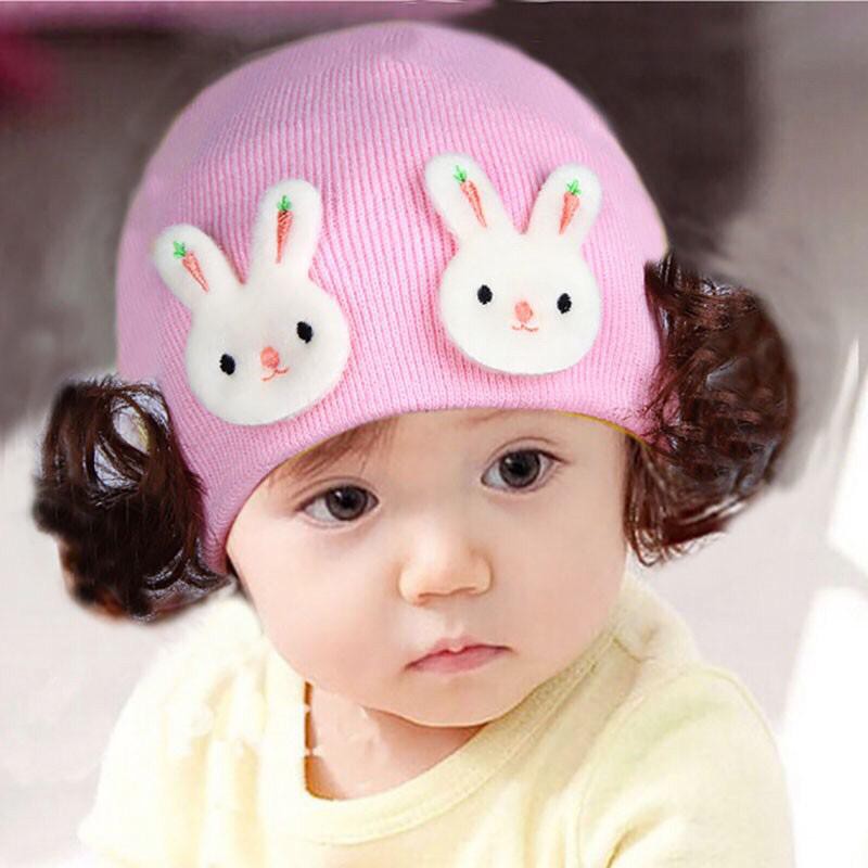 Topi Kupluk Cute Fashion Penutup Telinga Rajut Aksen Rambut Palsu untuk Bayi/Anak Perempuan