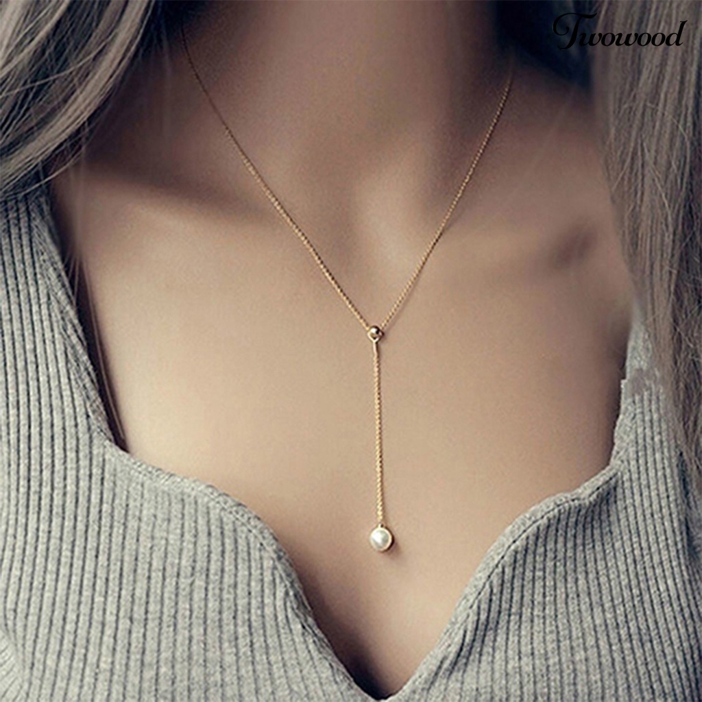 Kalung Rantai Dengan Liontin Mutiara Imitasi Adjustable Untuk Wanita