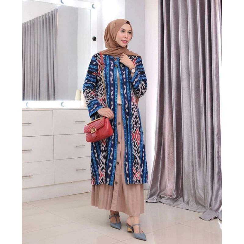 PRE ORDER OUTER/BLAZER TENUN BLANKET ETNIK WARNA BIRU ATAU PUTIH,HIJAB MURAH, CARDIGAN WANITA