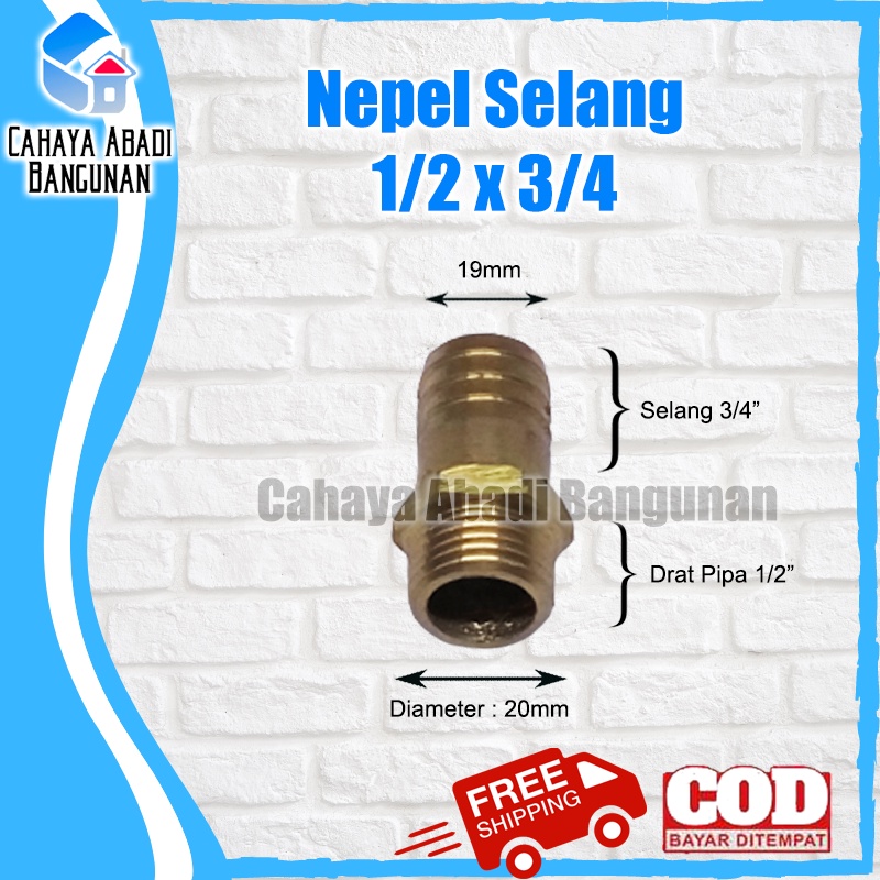 Nepel Selang 1/2 x 3/4 Inch Drat Luar Kuningan Sambungan Hose