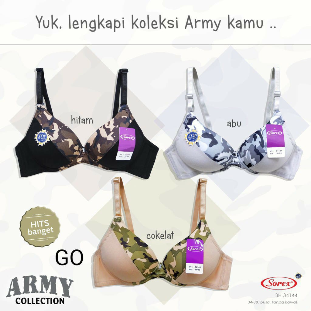 gos SOREX BH 34144 Bra Wanita Bahan Katun Tanpa Kawat Berbusa Motif Army