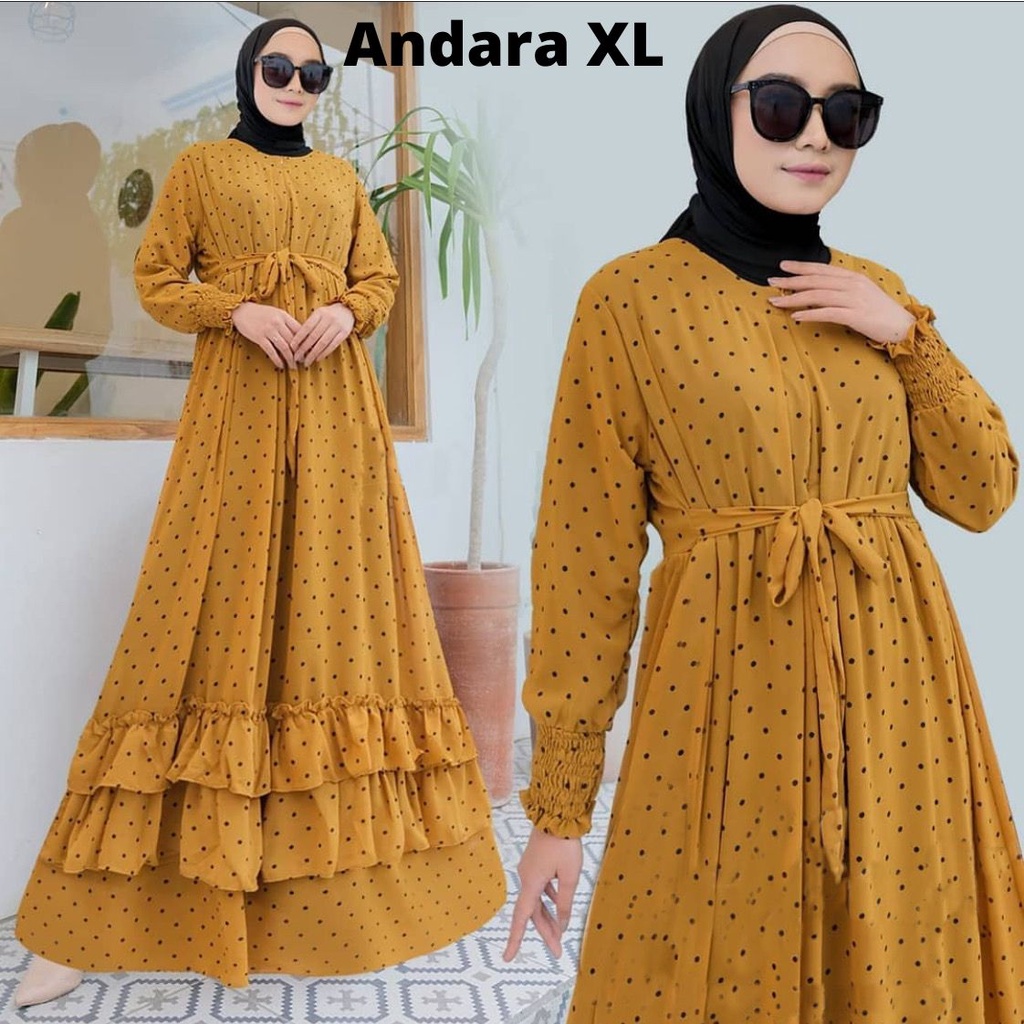 Gamis Ceruty Babydoll Andara Maxi Polcadot Full Furing