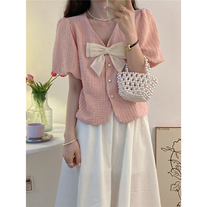 Pink V-neck bow-knot shirt desain wanita ceruk musim panas atasan pendek lengan engah lembut dan manis Korea