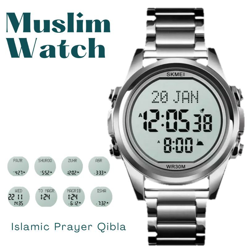 JAM TANGAN NUHA SHOLAT MUSLIM ADZAN KIBLAT SILVER
