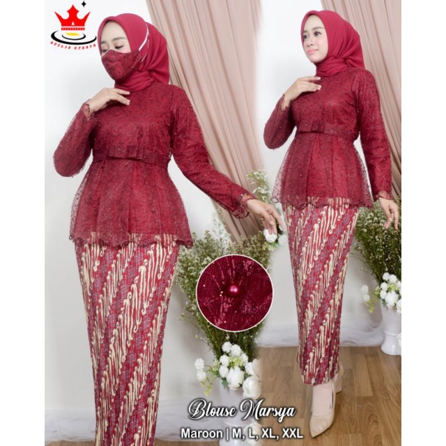ADE> REALPICT SET KEBAYA MARSYA / KEBAYA TULLE BORDIR / OUTFIT KEBAYA PESTA / KEBAYA WISUDA MODERN-Maroon