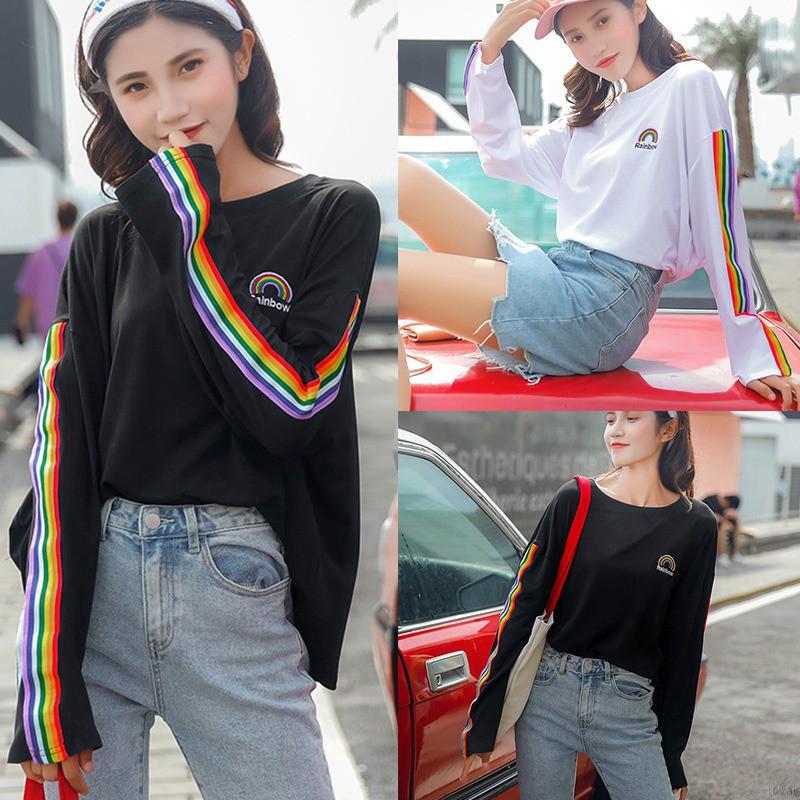 Kaos T Shirt Model Longgar Oversize  Motif Garis Pelangi 