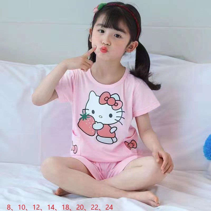 BAJU TIDUR ANAK PEREMPUAN  IMPORT KAOS KATUN SETELAN LENGAN PENDEK CELANA PENDEK UMUR 2-15 C19-A