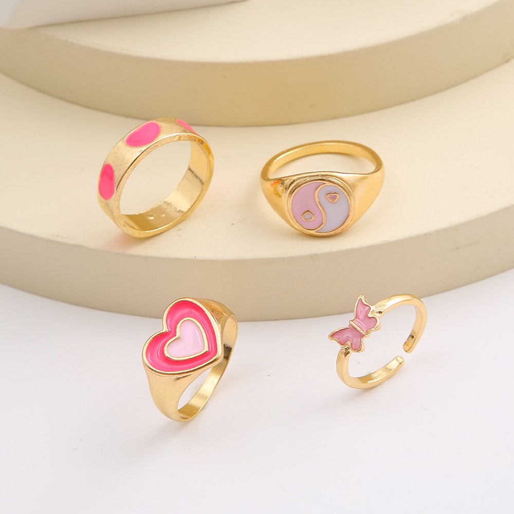 4pcs / Set Cincin Desain Kupu-Kupu Hati Warna Pink Untuk Wanita