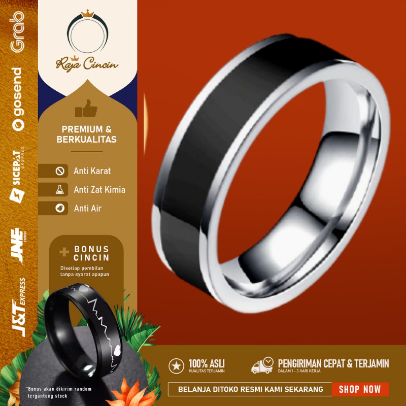 Cincin Titanium Wanita Pria Anti Karat Hitam Pinggir Putih