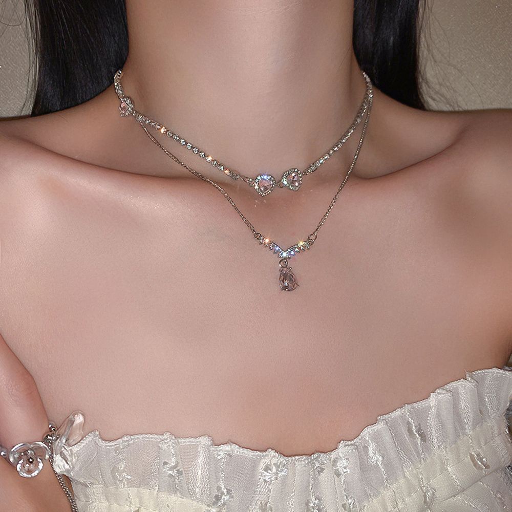 Needway  Trendy Korean Style Necklace Baroque Fashion Jewelry Women Clavicle Choker Heart Wedding For Girls Water Drop Elegant Rhinestone Pink Crystal/Multicolor