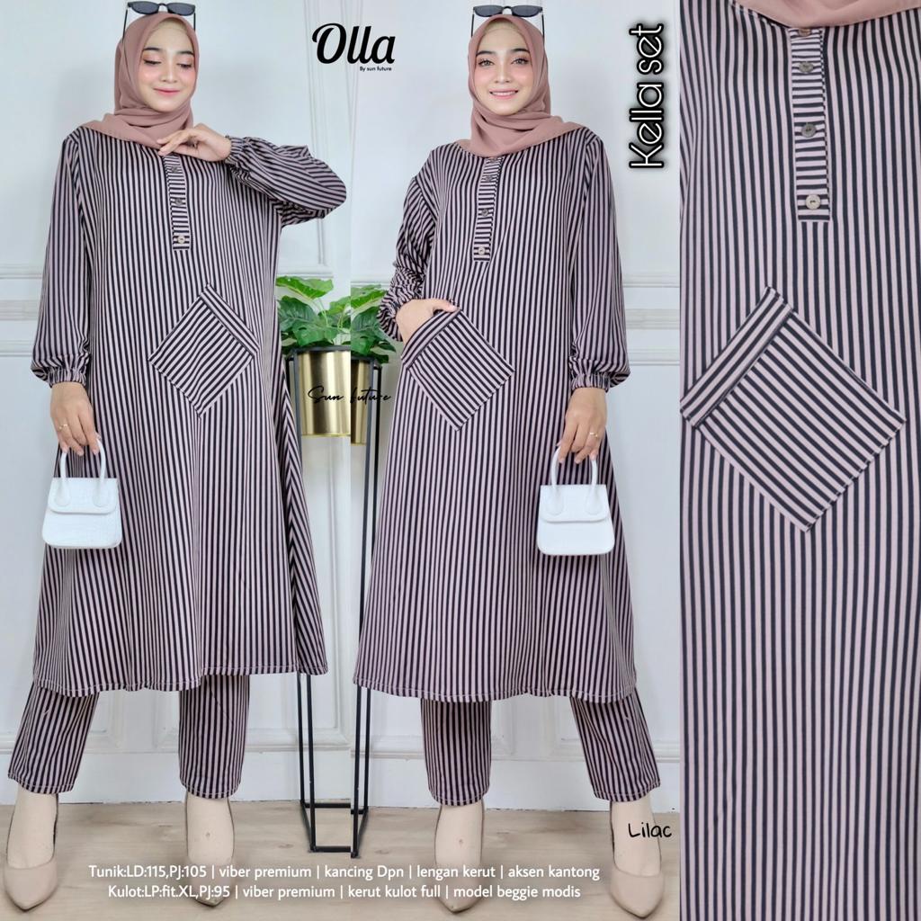 KELLA SET BY OLLA / SETELAN BLOUSE DAN KULOT BERBAHAN FIBER DAN DENIM SUPERNOVA / SETELAN BUSANA MUS