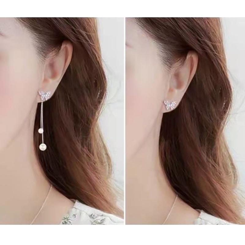 Anting Rumbai Desain Kupu-Kupu Aksen Mutiara Gaya Korea Minimalis Untuk Wanita
