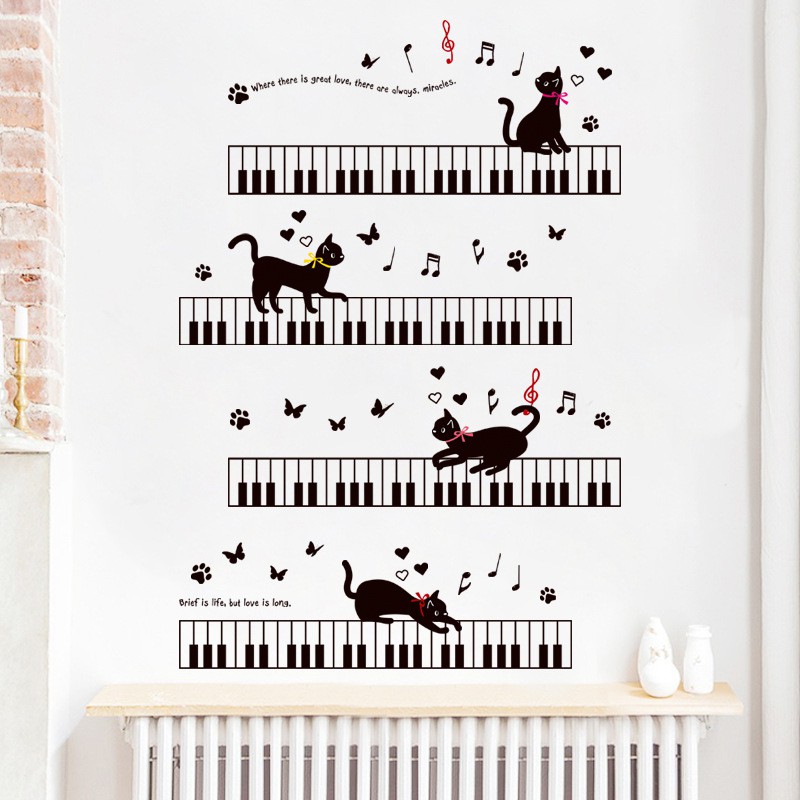 RELIZA WALL STICKER MELODY PIANO MUSIK NOTE NADA KUCING CAT BUTTERFLY STIKER DINDING XL8254