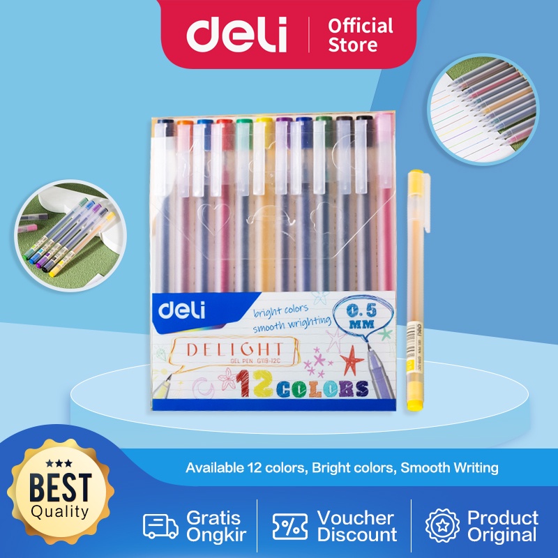 

PRODUK- DELI SCHOOL GEL PEN / PULPEN GEL 0.5 MM 12 WARNA PENULISAN HALUS EG119-12C .