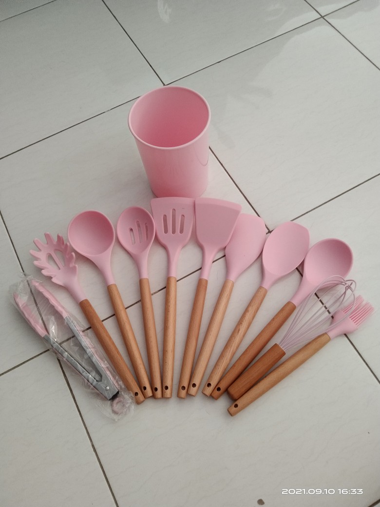 Aigootan - Sutil Wood Set 12 Pcs - Set Sutil Kayu Silikon Silicone Utensil Set Peralatan Masak