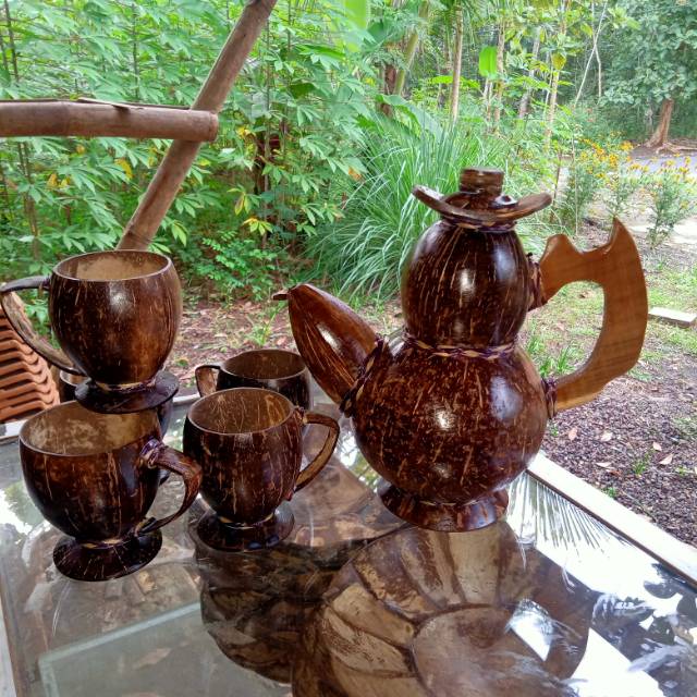 1set gelas batok kelapa unik jadul natural alami kopi teh