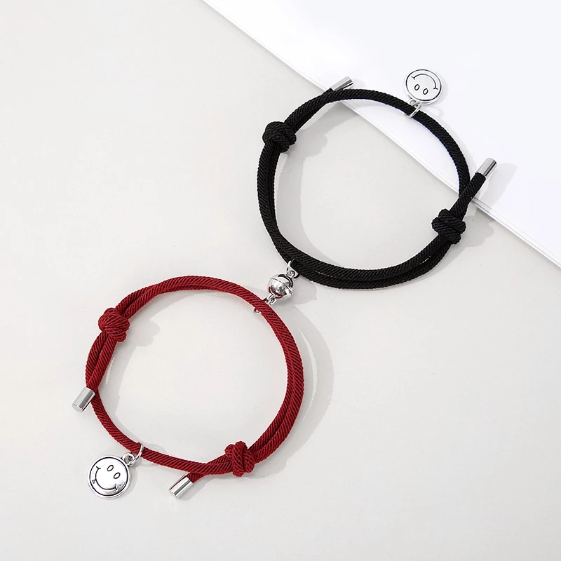 1 Pasang Gelang Tali Kepang Magnetik Adjustable Motif Smiley Face Gaya China Untuk Pasangan