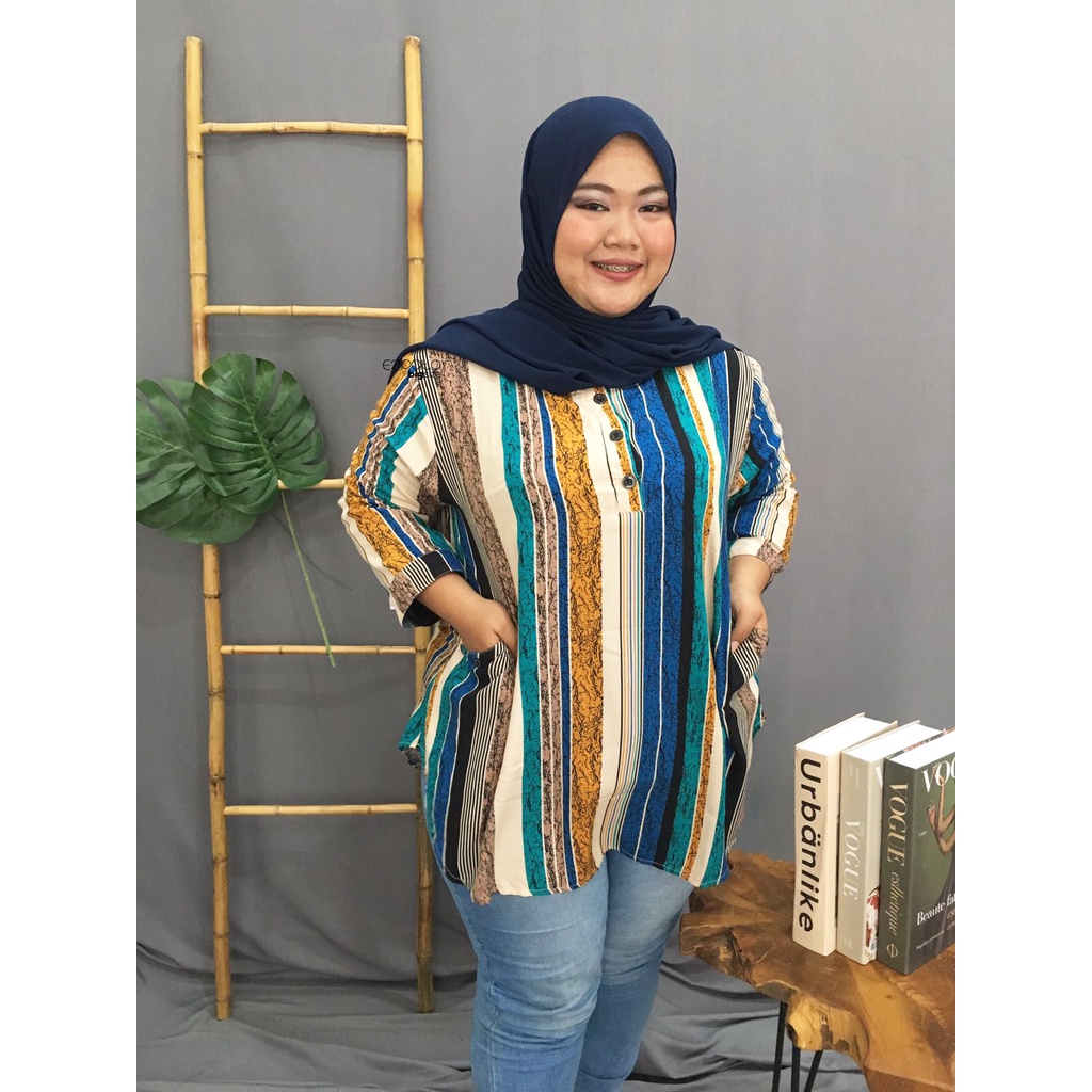 Ezpata Atasan Wanita Jumbo Bigsize Bahan Rayon Motif Stripe Garis Kancing Depan Busui Friendly LD 130cm BB 65-90kg