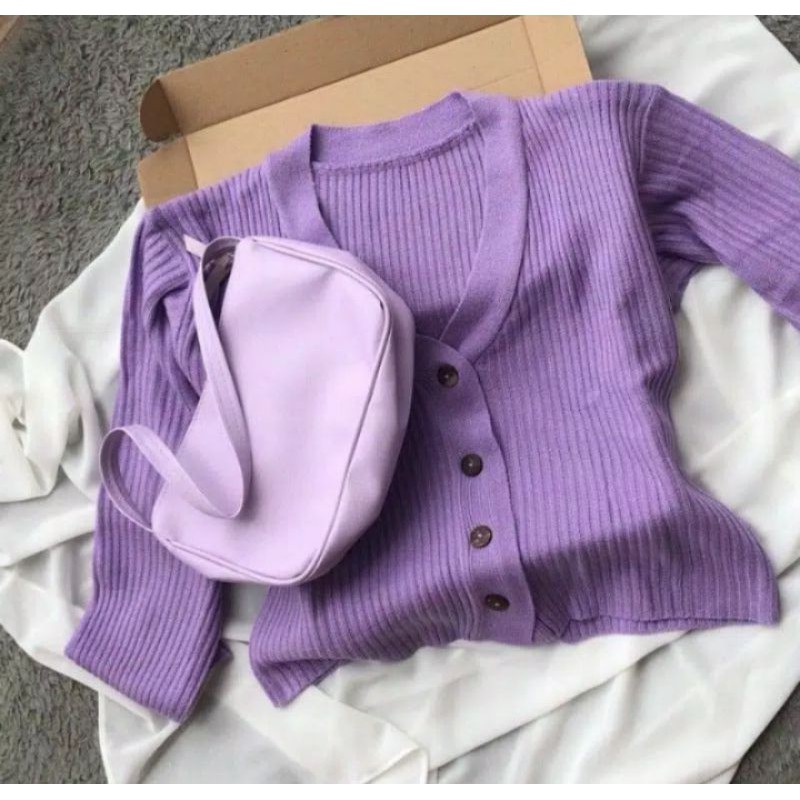 kardigan ungu muda cardigan paket cardi lilac + shoulder bag
