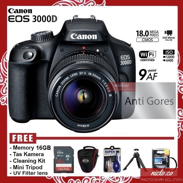 [NEW] KAMERA CANON EOS 3000D + LENSA KIT 18-55MM WiFi - GARANSI 1 TAHUN - CAMERA DSLR 1200d 1300d