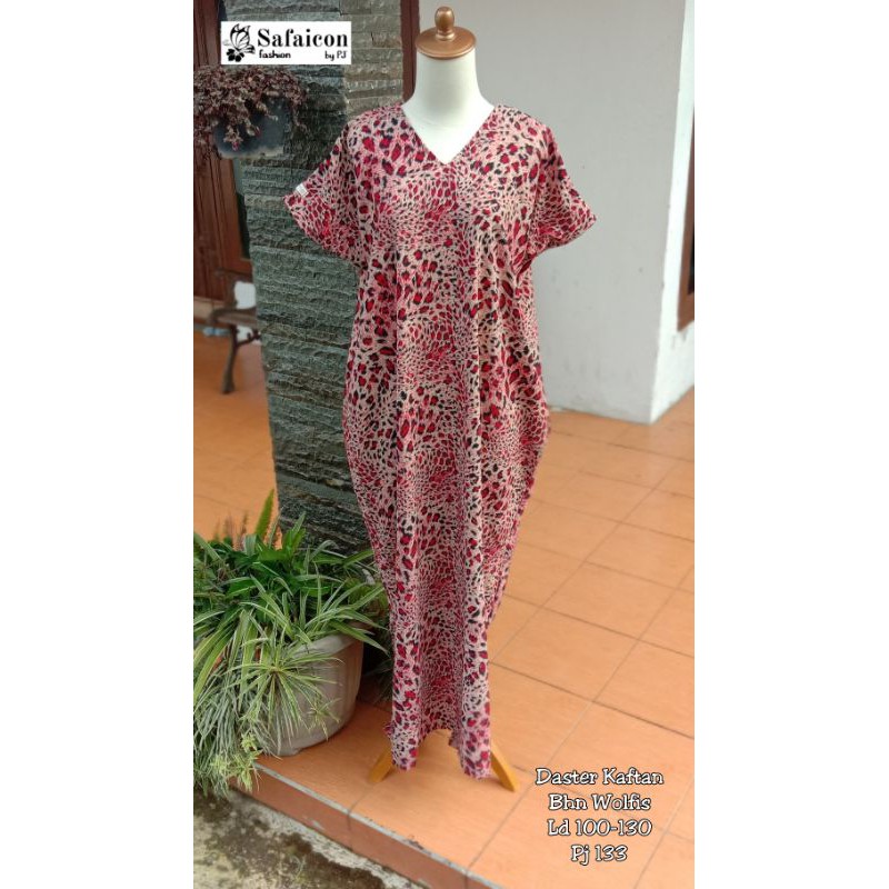 Daster santai model kaftan motif macan