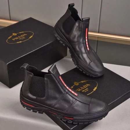 sepatu pria sneaker boots pr4da hitam mirror quality kulit asli shoes cowok leather