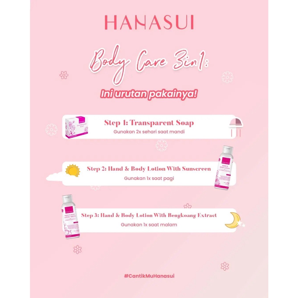 HANASUI Body Care Indonesia / Skincare Spa Scrub Hand Lotion Hair Soap Perfume / Cleanser Toner Essence Mist Serum Day Night Eye Cream Sunscreen Spot Gel Mask / Acne Flawless Glow Power Men Collagen Lipstik Lip Tint Stain / Make Up Paket Set Face Wajah