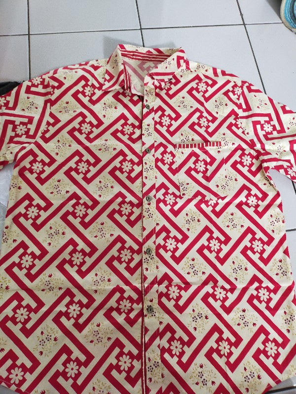 Kemeja Batik Pria Dewasa Lengan Pendek Slim Fit Warna Merah Edisi Imlek, 113 Bl# Bahan Katun Stretch