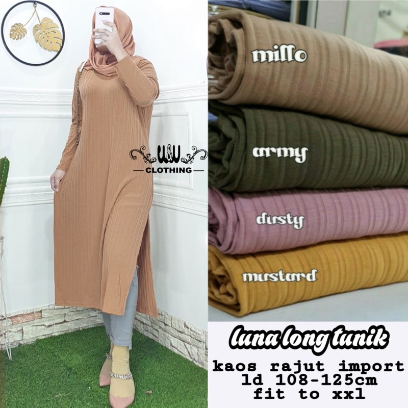 Muslimah Tunik Panjang Polos Harian Kaos Rajut Import Wanita Jumbo Melar XL XXL XXXL Ld 110 120 130 
