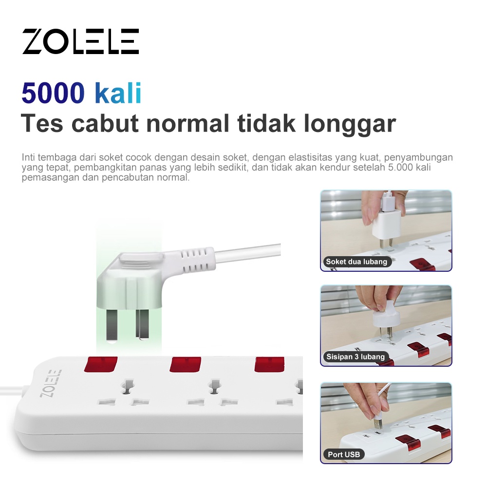 ZOLELE Stop Kontak Kabel Smart Colokan Listrik 3 Lubang Stopkontak 2 USB Port Power Strip 3M Soket Pengaman Lubang Saklar Timer Powerstrip ZK101