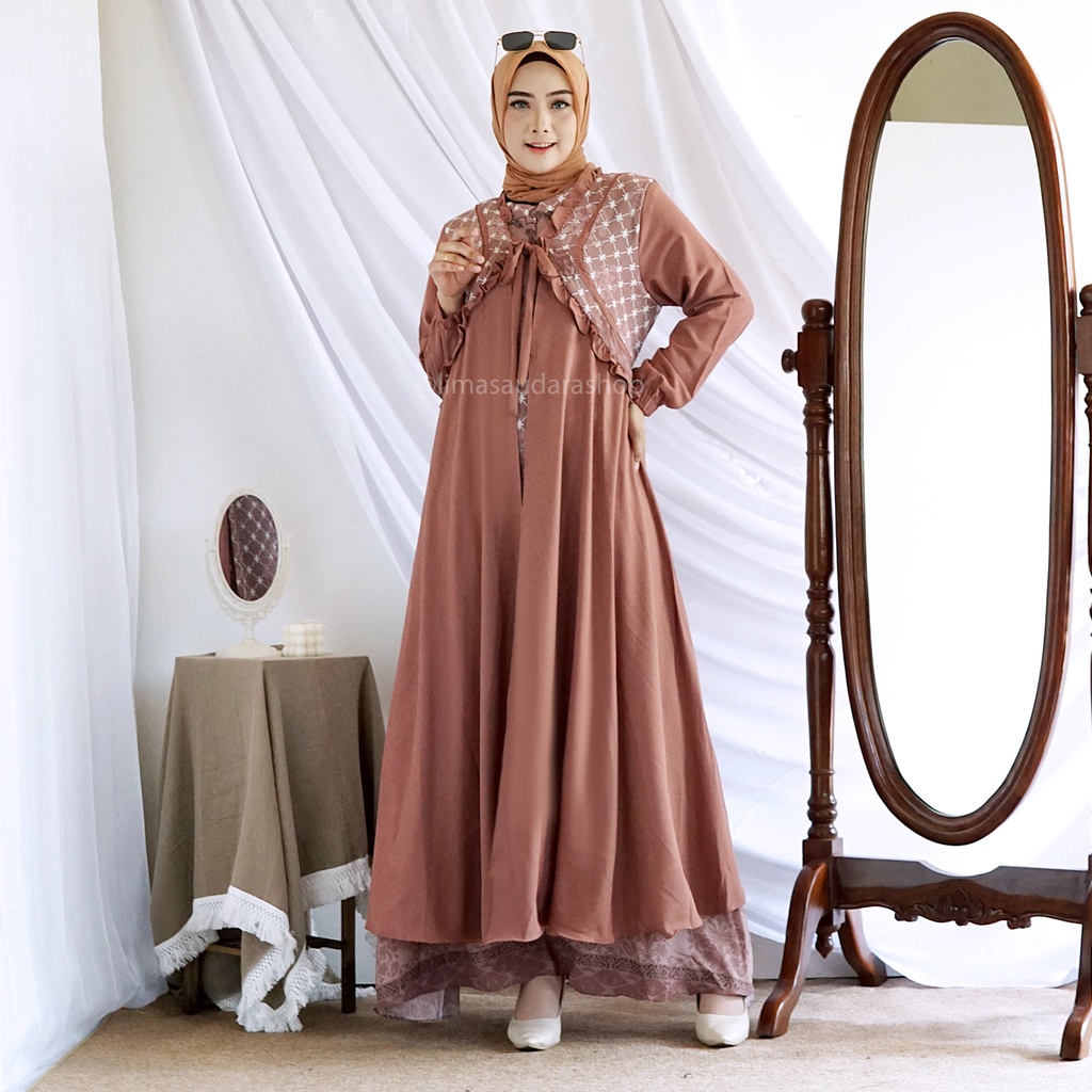 Gamis Mira- Gamis Syari Wanita Lux Maxi Tali Ikat Depan Rok A Line Retsleting Depan Gamis Pesta Raya Lebaran 2022