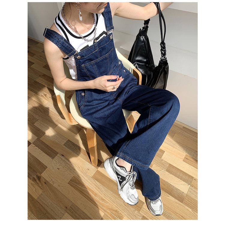 Jumpsuit Celana Lebar Kaki Overall denim panjang Tali Ikat Celana Wanita Tinggi Pinggang Longgar dan Melangsingkan Denim Suspender Celana Wanita