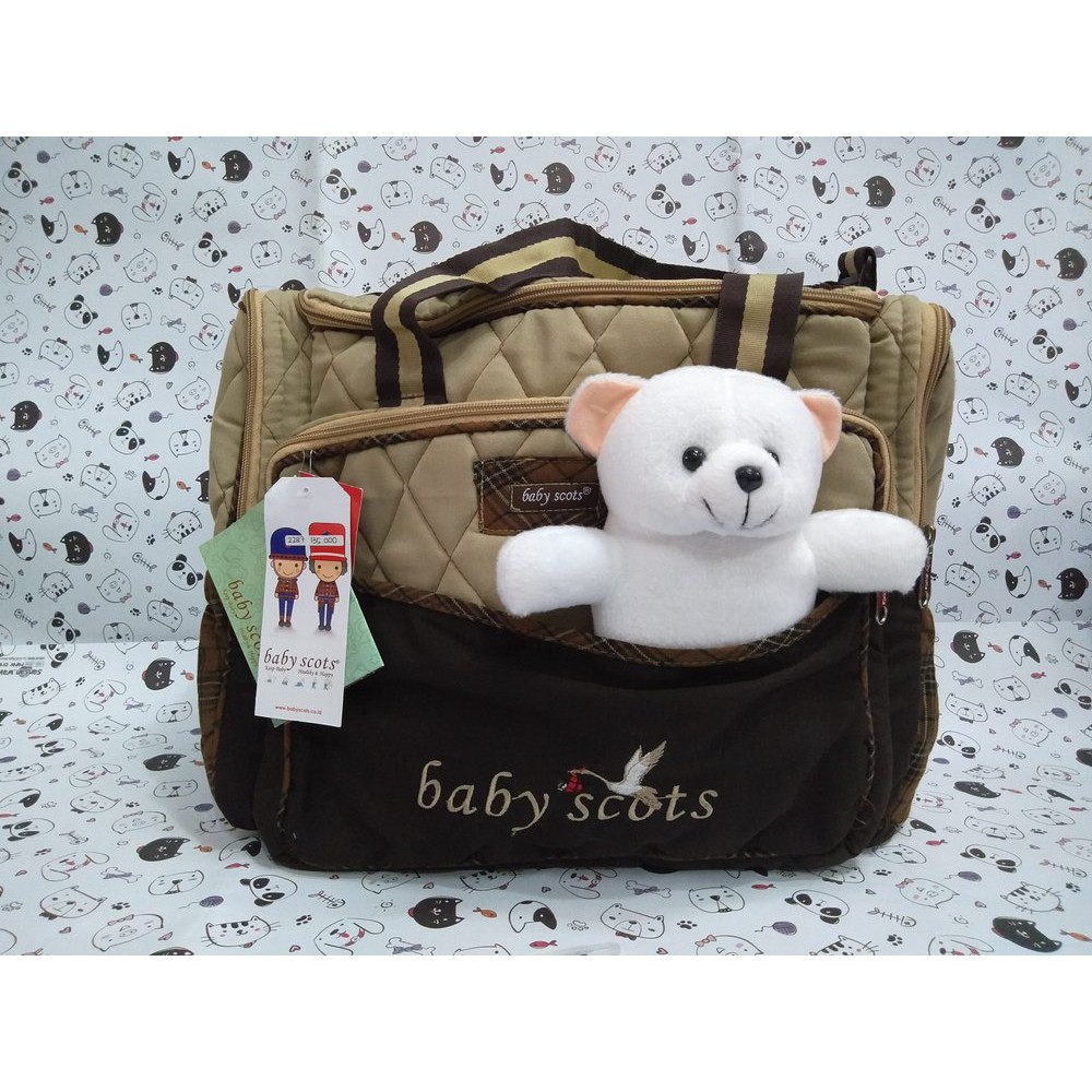 Tas Baby Scots Embroidery Diaper Bag Large with Bear Doll ISEDB011 Tas Bayi Perlengkapan Bayi