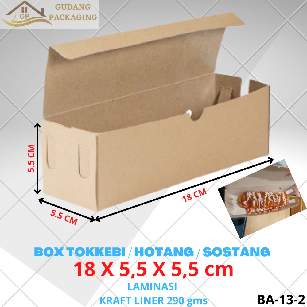 

BOX DUS KARDUS KOTAK TOKKEBI HOTDOG HOTANG SATE TAICHAN CORN DOG 290gsm 18x5,5x5,5 cm LAMINASI