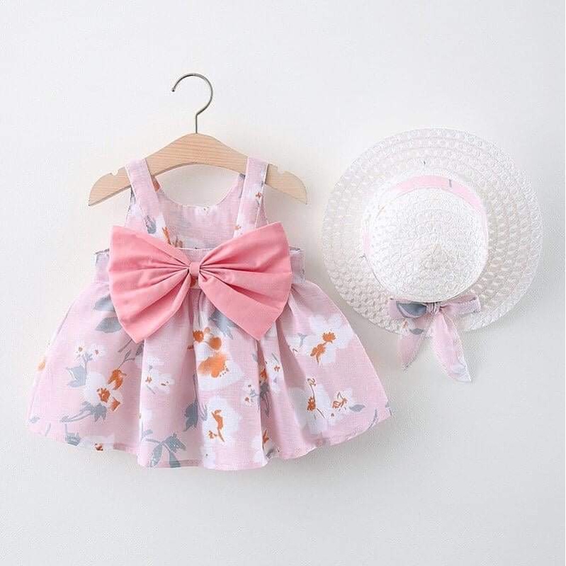 Dress Anak Warna Ungu Muda Gaun Motif Bunga Dahlia Dengan Topi Pita