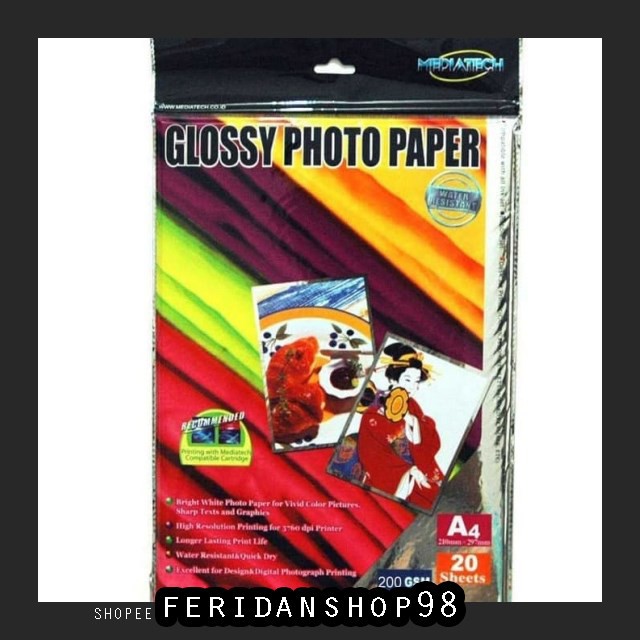 

FS1022 KERTAS PRINT & FOTOCOPY MEDIATECH DIGITAL GLOSSY ATK PHOTO PAPER A4 200 GSM - 20 SHEET 31011