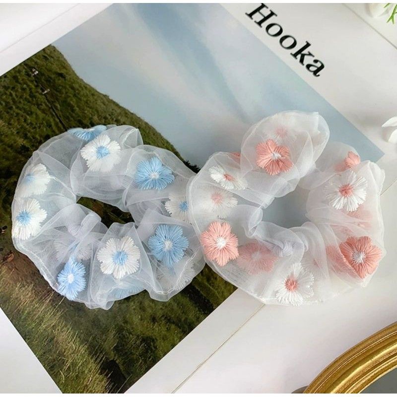 Ikat Rambut Korea Scrunchie Daisy Bunga Rambut Karet Rambut Chiffon Wanita