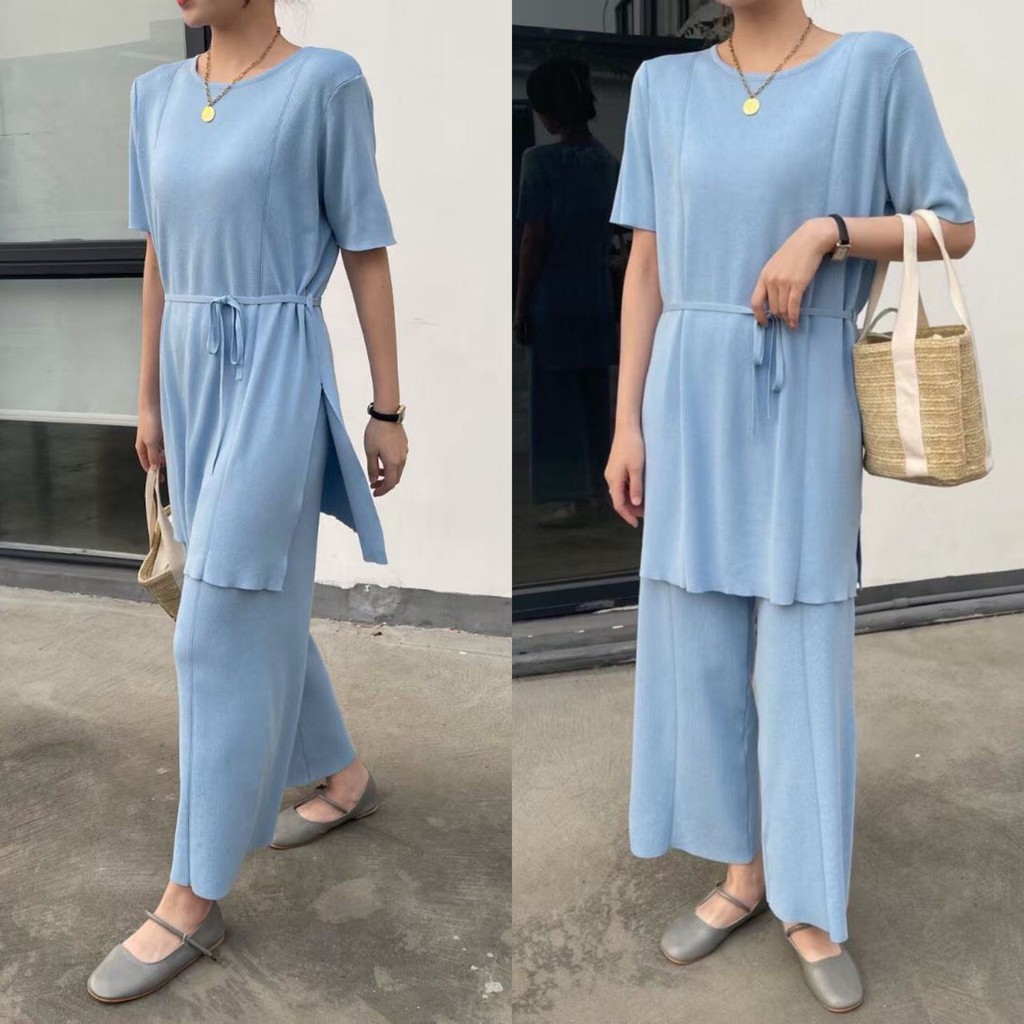 SET6316 Kylie Slit Long Blouse & Pants Knit Set-4