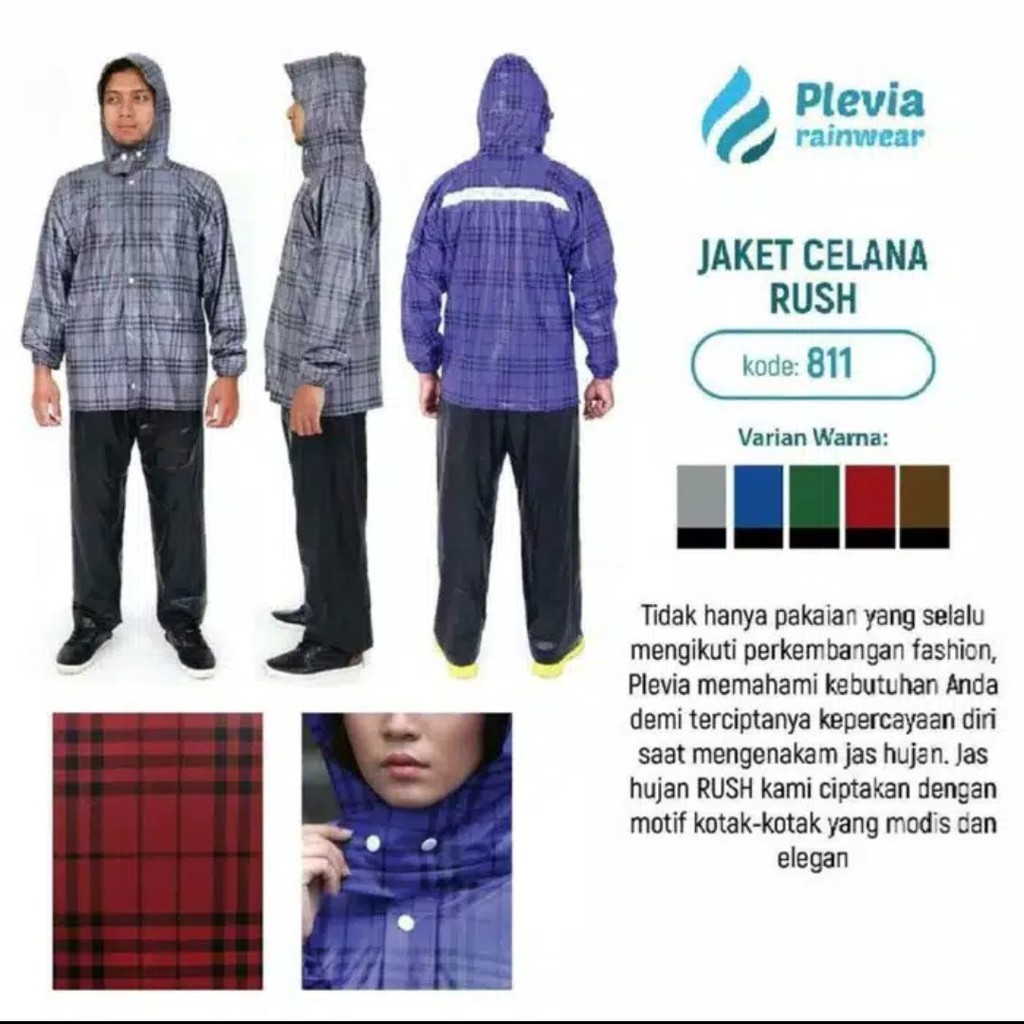 Jas Hujan Stelan Jaket Celana PLEVIA RUSH 811 Motif Kotak Kotak