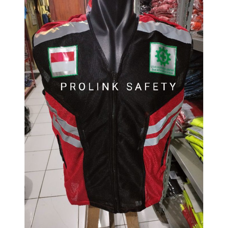 ROMPI SAFETY HSE MERAH HITAM BAHAN JARING TEBAL DOBLE MESH BERLOGO LENGKAP