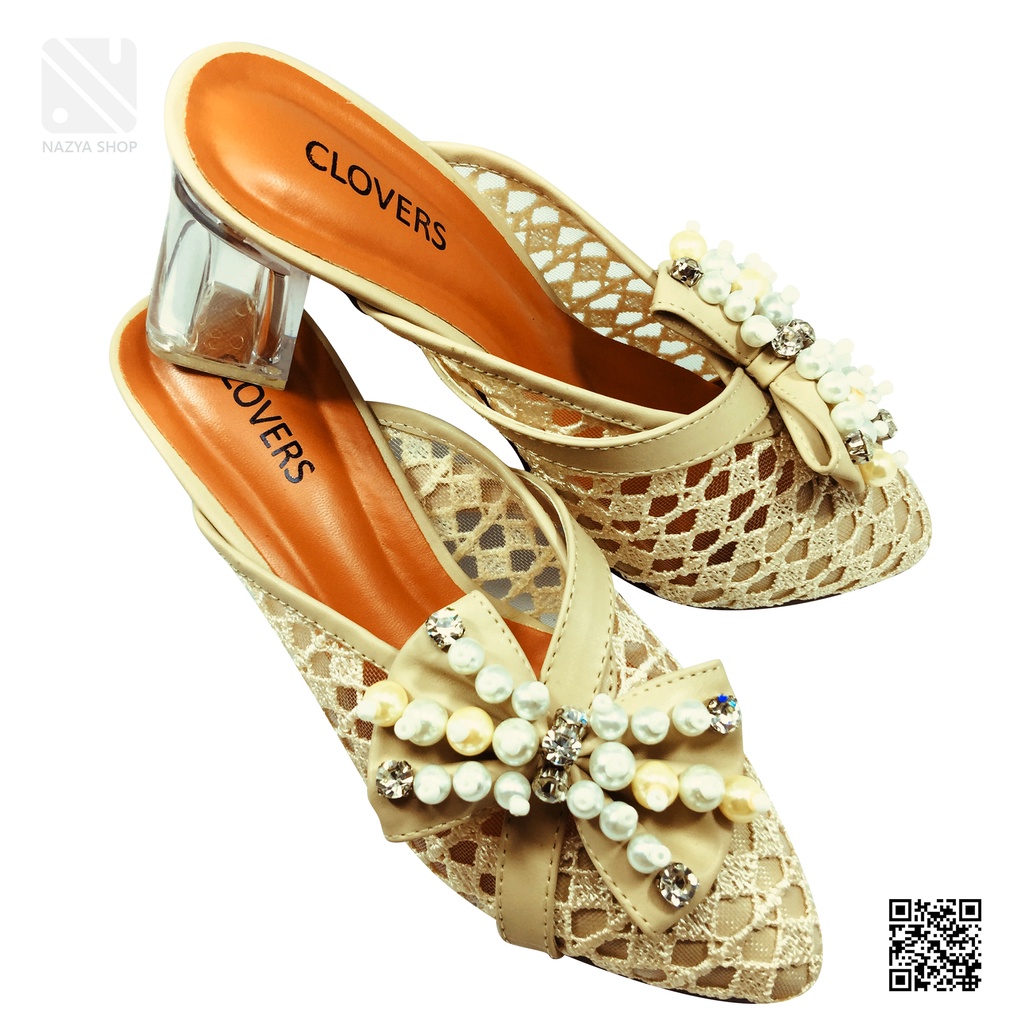 Sepatu Sendal Sandal Heels Hak Tinggi 7cm Hak Kaca Brukat Motif Bunga dengan Mutiara di Pakai Harian