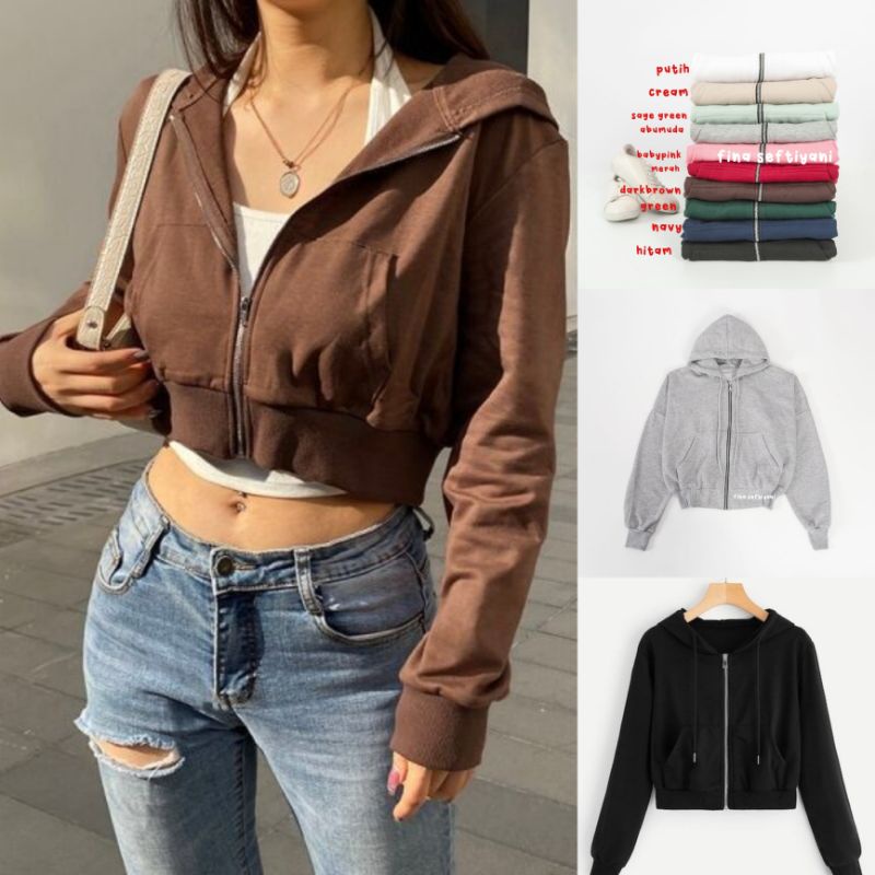 Carla Crop Ziper Hoodie/Crop Zip Up Hoodie Oversized brown abu putih hitam Jaket Polos Crop  FINASEFTIYANI