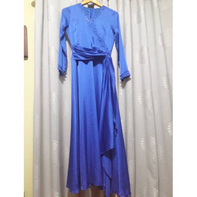 Dress pesta satin silk baju kondangan biru  payet