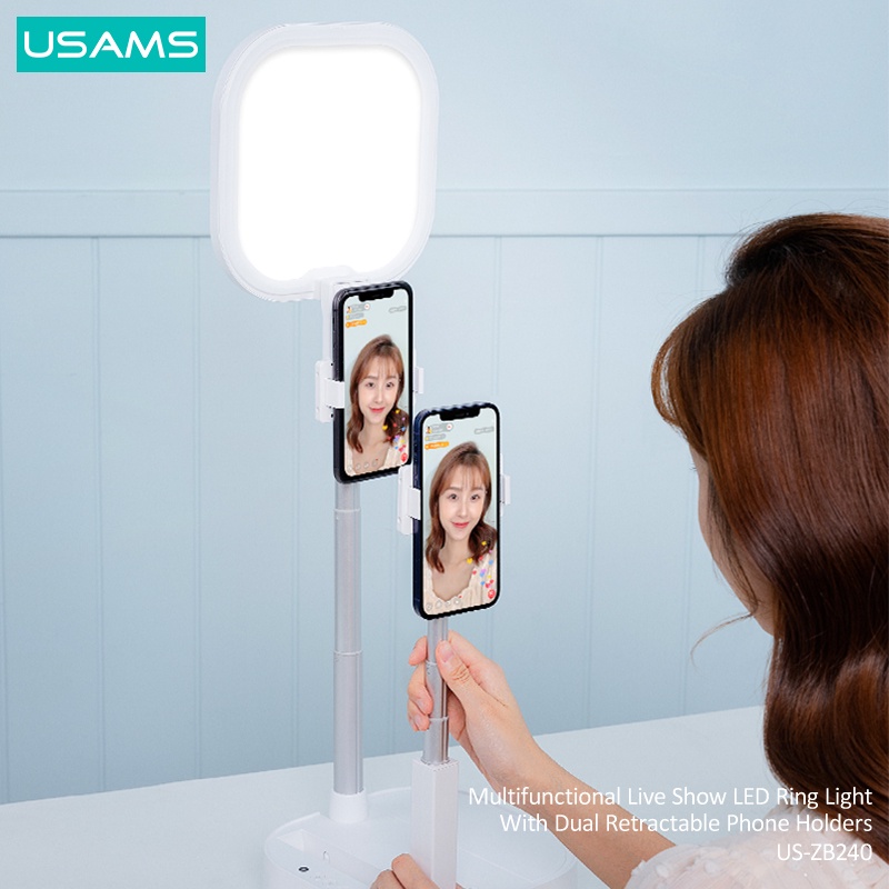 USAMS ZB240 Multifunctional Live Show LED Ring Light with Dual Retractable Phone Holders