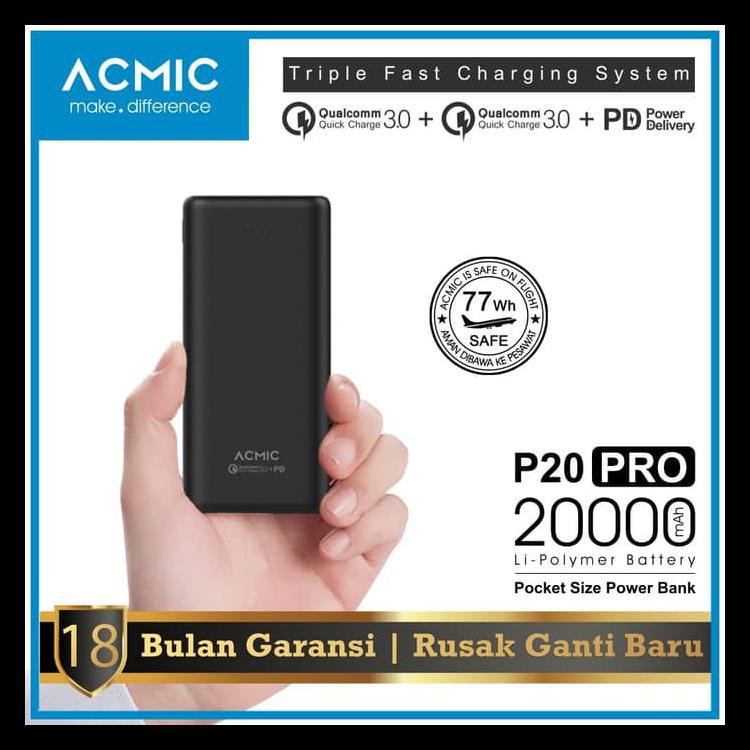 ACMIC P20PRO 20000mAh PowerBank Quick Charge 3.0 + PD Power Delivery - Hitam PROMO