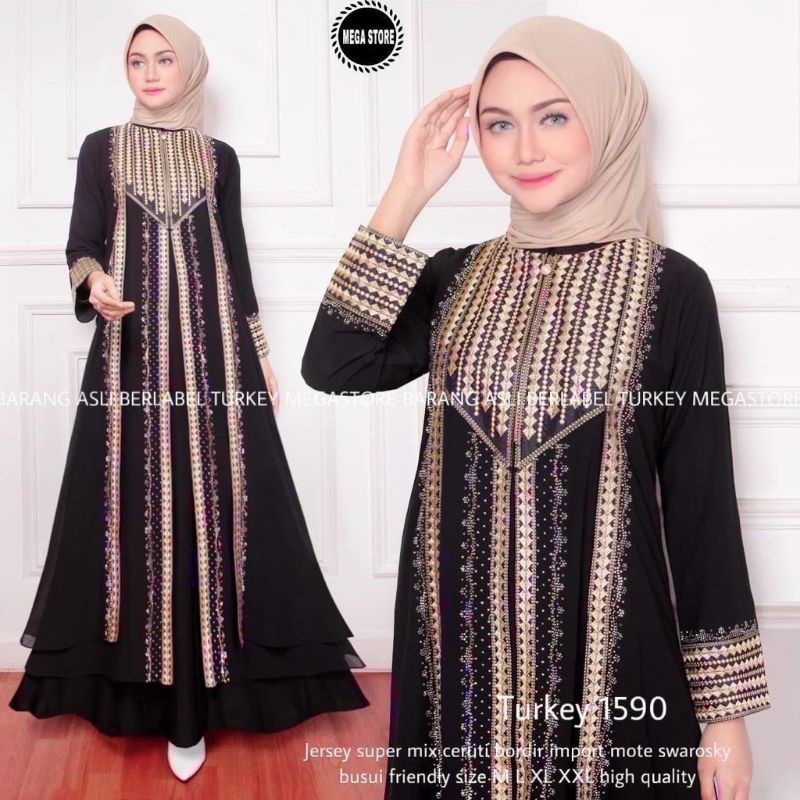 Turkey 1590 by mega store / gamis swarosky / abaya syari hitam / gamis arabic / baju muslim pengajia