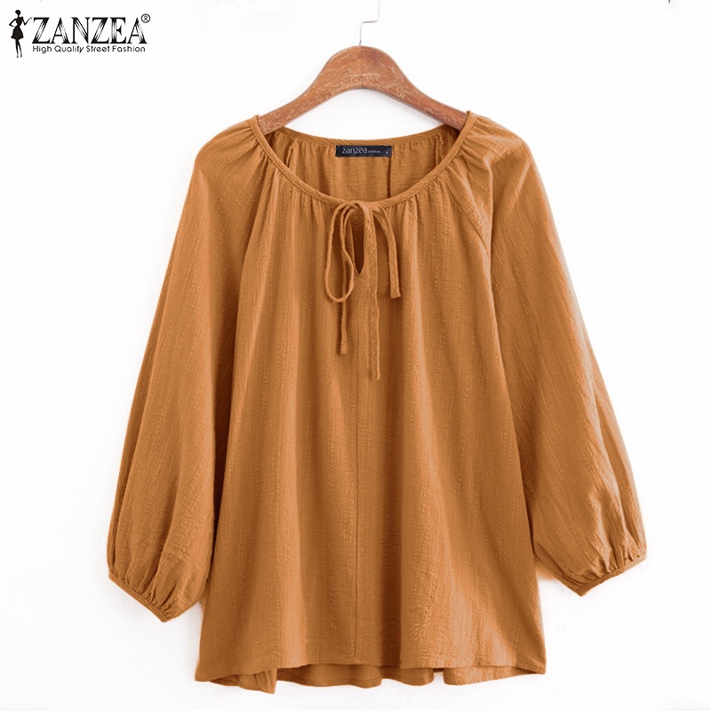 ZANZEA Women Casual Vintage 3/4 Puff Sleeve Solid Color Blouse