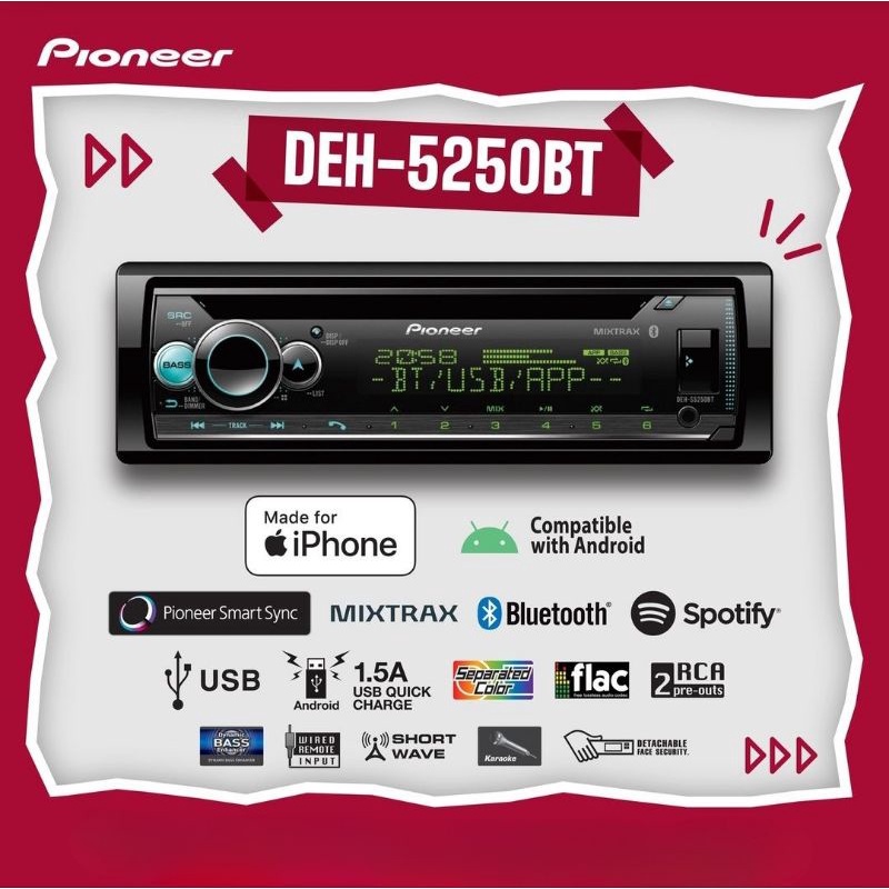 Head Unit Single Din Pioneer DEH-S5250BT