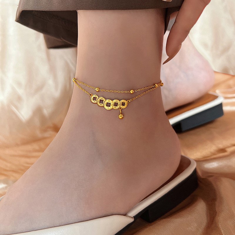 Gelang Kaki Rantai Bahan Titanium Steel Aksen Koin Tembaga Gaya Retro Untuk Wanita